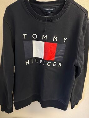 Tommy Hilfiger Black Crewneck Sweatshirt with Red/White/Navy Flag
